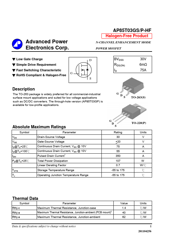 AP85T03GP-HF Advanced Power Electronics