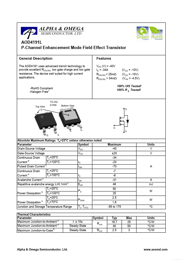 AOD4191L Alpha & Omega Semiconductors