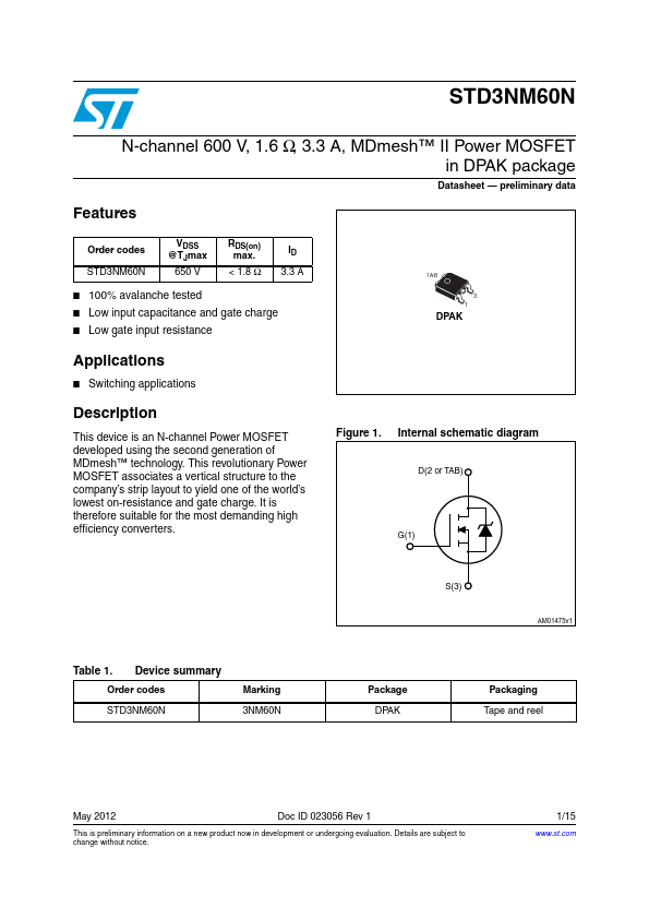 STD3NM60N STMicroelectronics