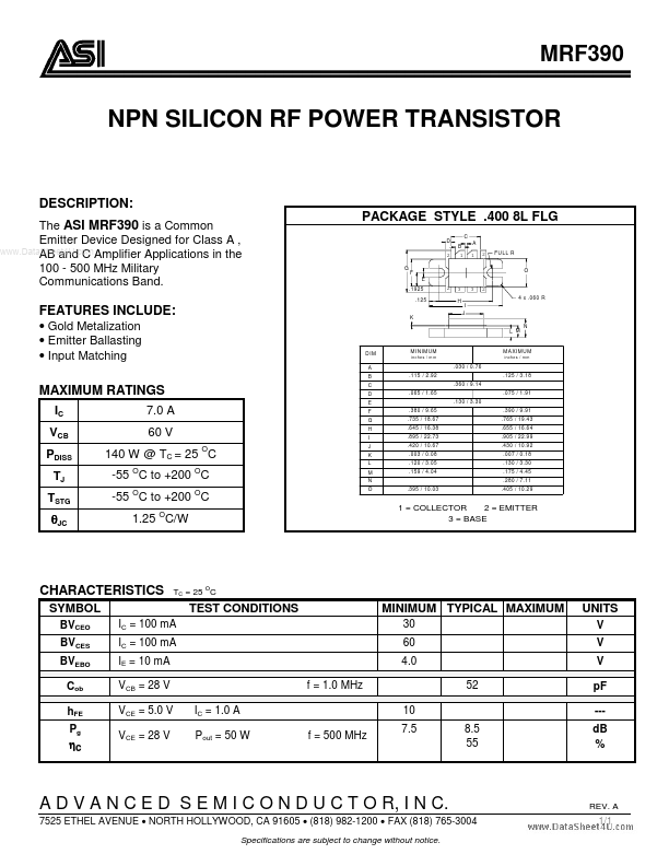 MRF390 - Advanced Semiconductor