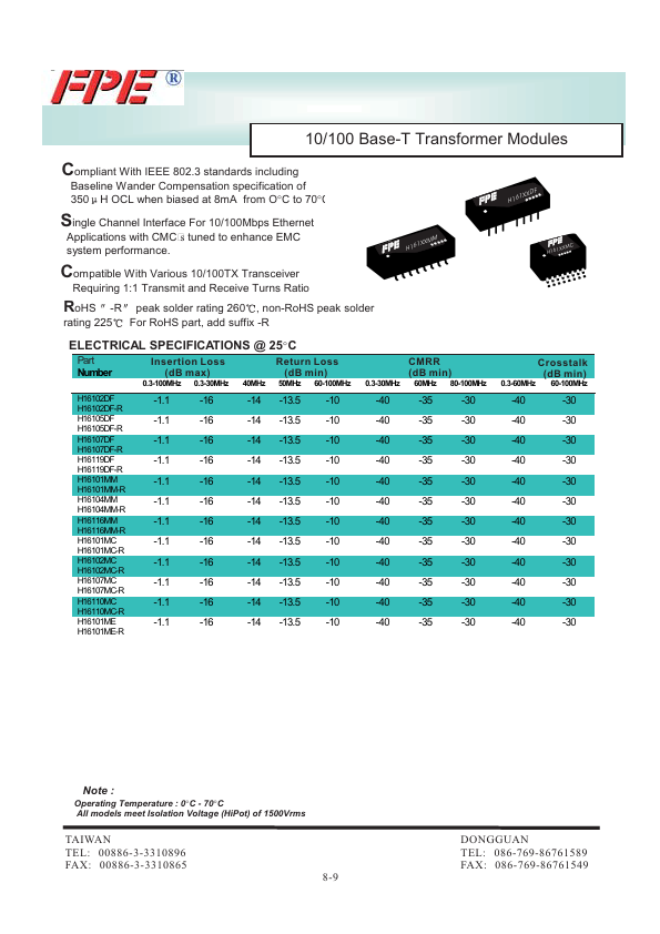 H16105DF Datasheet | 10/100 Base-T Transformer Modules
