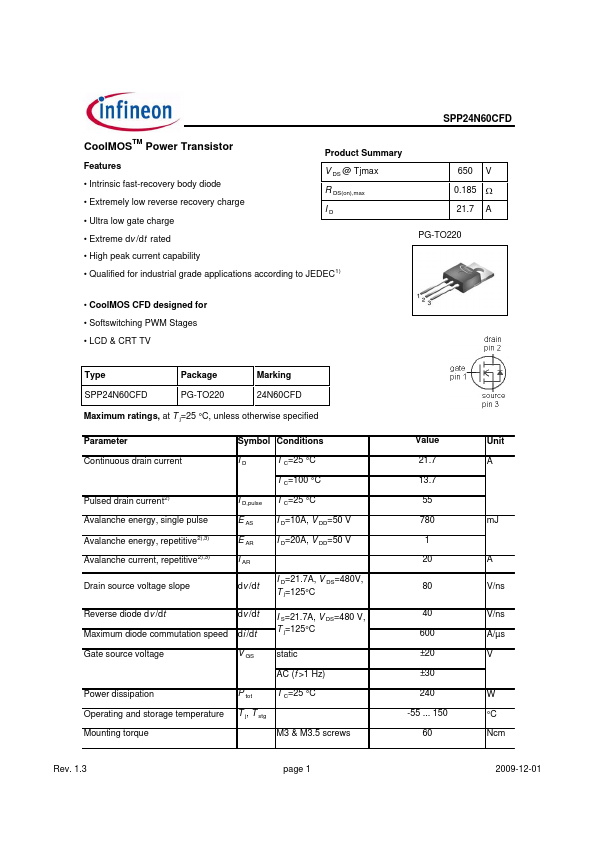 <?=SPP24N60CFD?> डेटा पत्रक पीडीएफ