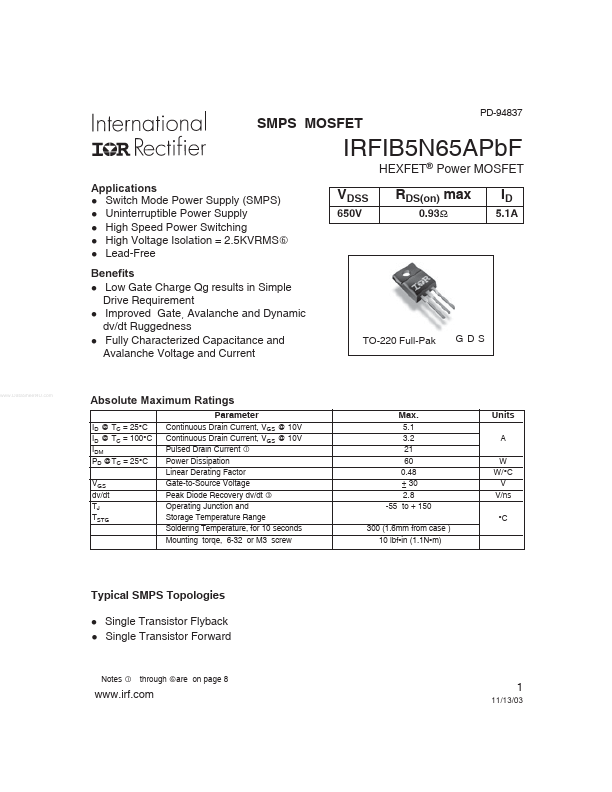 <?=IRFIB5N65APBF?> डेटा पत्रक पीडीएफ