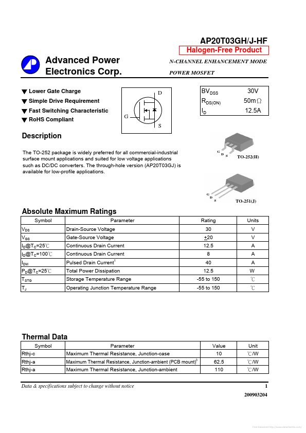 AP20T03GH-HF Advanced Power Electronics