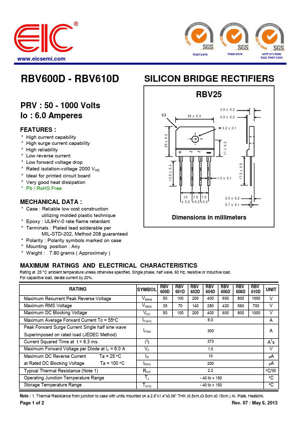 RBV600D EIC discrete Semiconductors