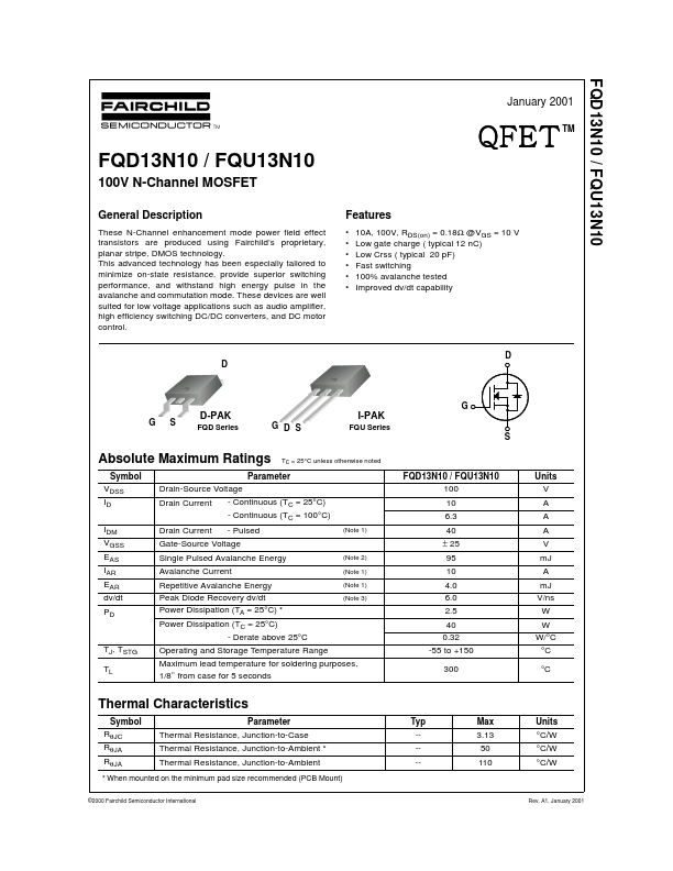 FQD13N10 Fairchild Semiconductor