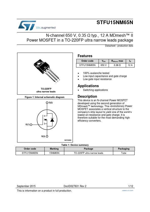 <?=STFU15NM65N?> डेटा पत्रक पीडीएफ