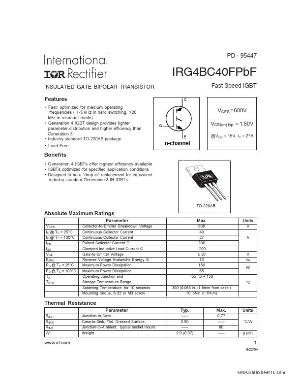 <?=IRG4BC40FPBF?> डेटा पत्रक पीडीएफ