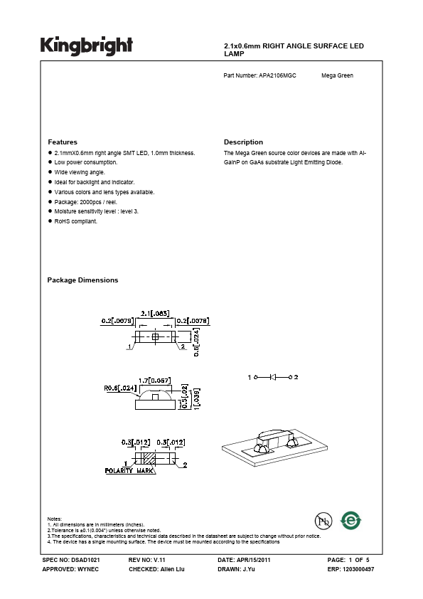 <?=APA2106MGC?> डेटा पत्रक पीडीएफ