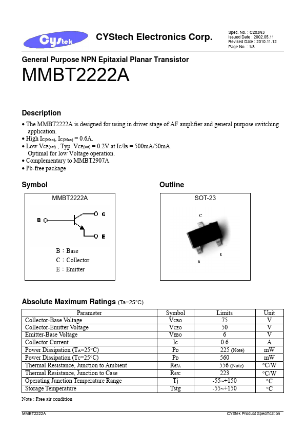 MMBT2222A Cystech Electonics