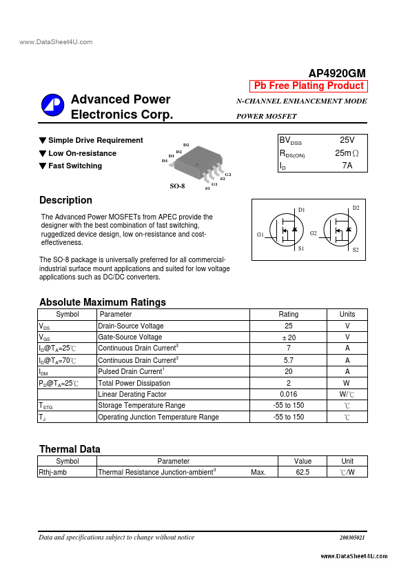 AP4920GM Advanced Power Electronics