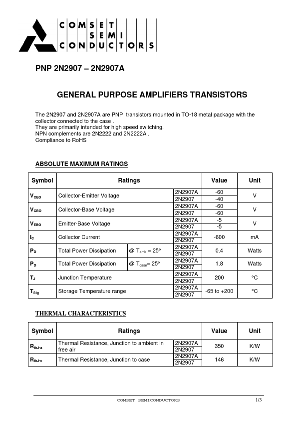 <?=2N2907?> डेटा पत्रक पीडीएफ