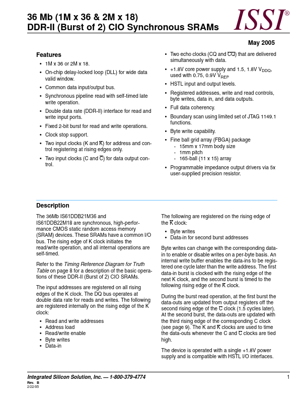 IS61DDB21M36 Integrated Silicon Solution