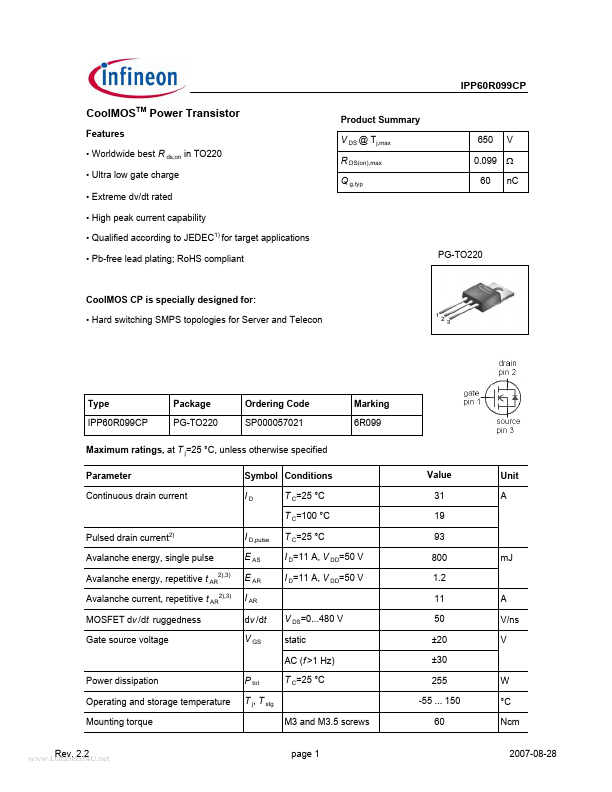 <?=IPP60R099CP?> डेटा पत्रक पीडीएफ