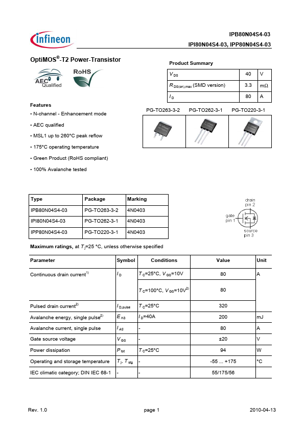 IPP80N04S4-03 Infineon