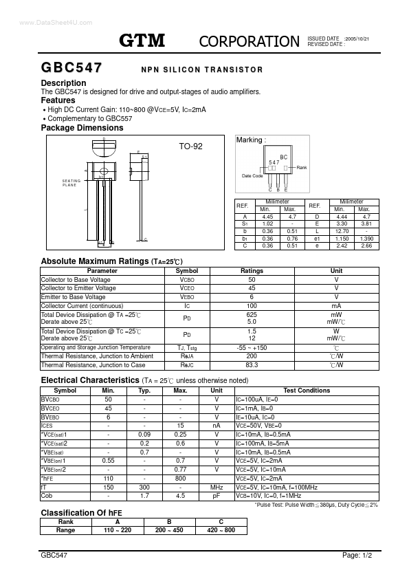 <?=GBC547?> डेटा पत्रक पीडीएफ