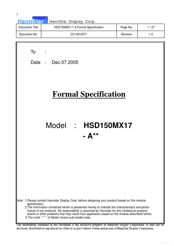 <?=HSD150MX17-Axx?> डेटा पत्रक पीडीएफ