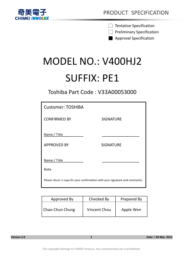 <?=V400HJ2-PE1?> डेटा पत्रक पीडीएफ