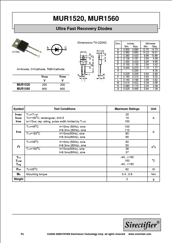 MUR1560 Datasheet, Recovery Diodes.