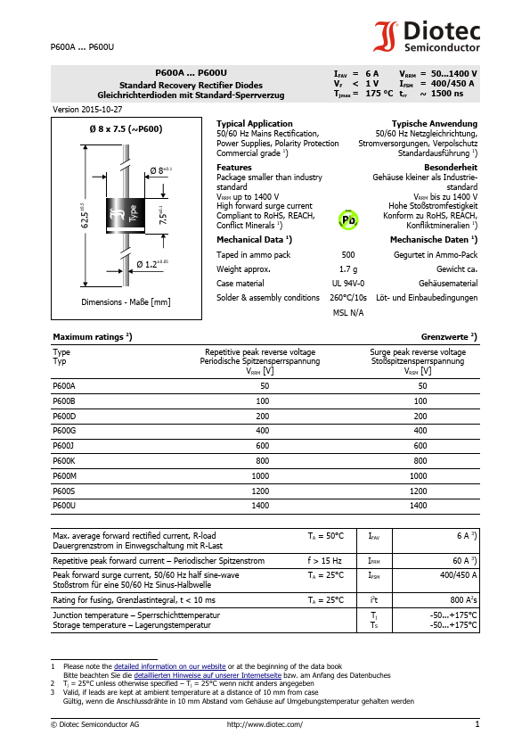 P600M Diodes Datasheet pdf - Rectifier Diodes. Equivalent, Catalog