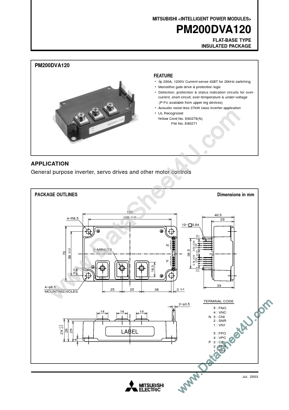 PM200DVA120 Module Datasheet pdf - Power Module. Equivalent, Catalog