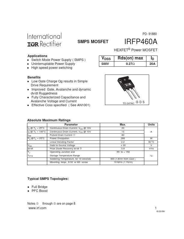 <?=IRFP460A?> डेटा पत्रक पीडीएफ