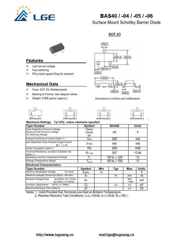 BAS40-05 Diode Datasheet pdf - Barrier Diode. Equivalent, Catalog