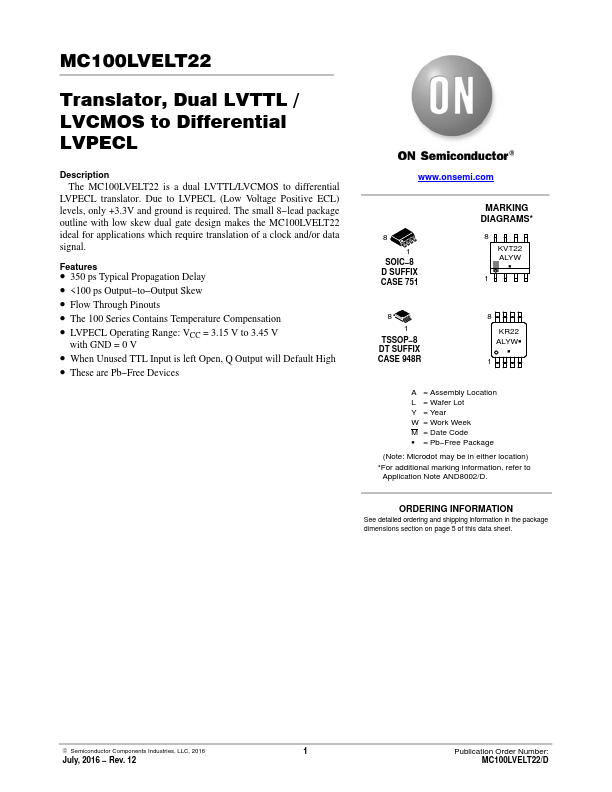 MC100LVELT22 ON Semiconductor