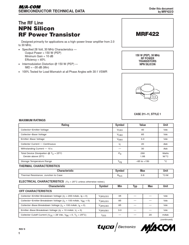 MRF422 Tyco Electronics