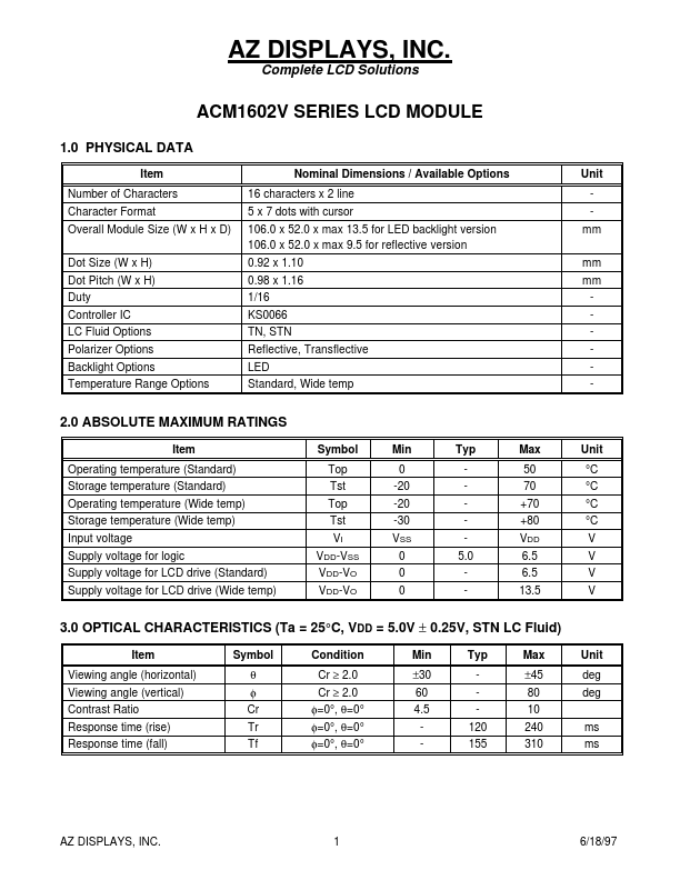 ACM1602V AZ Displays