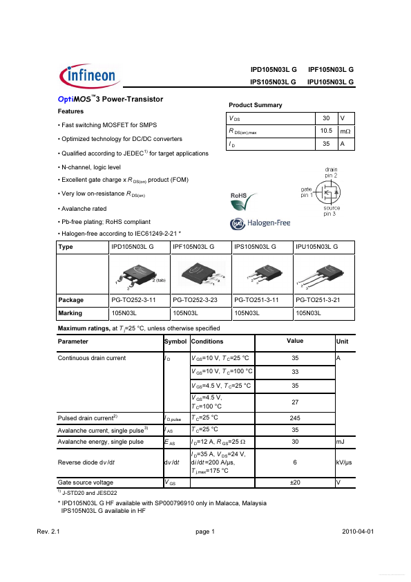 <?=IPS105N03LG?> डेटा पत्रक पीडीएफ