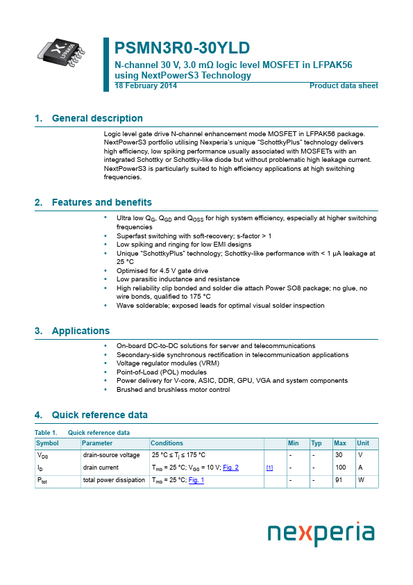 PSMN3R0-30YLD nexperia