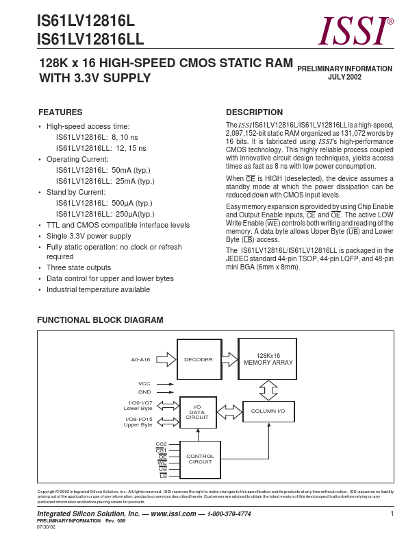 IS61LV12816LL Integrated Silicon Solution
