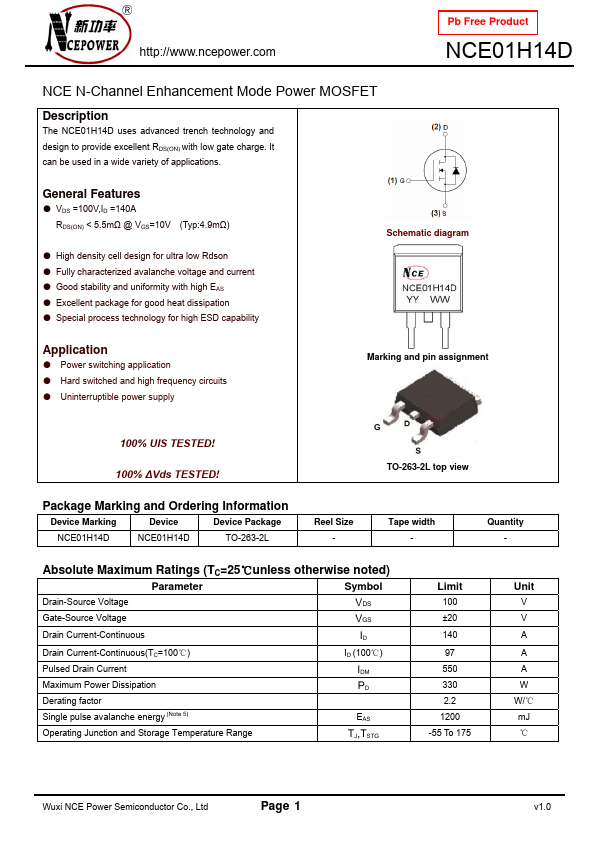 NCE01H14D NCE Power Semiconductor