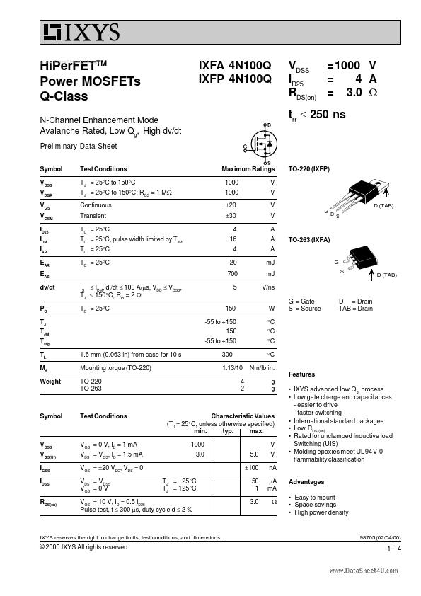 <?=IXFP4N100Q?> डेटा पत्रक पीडीएफ