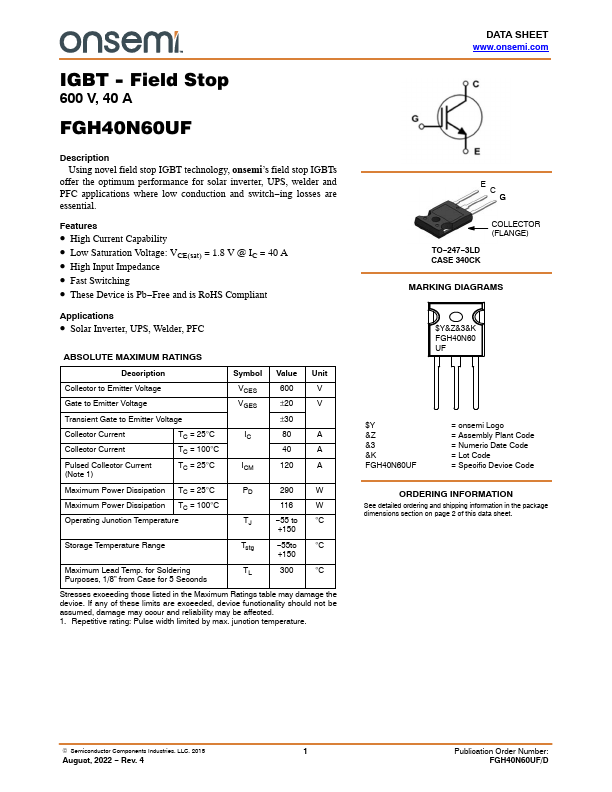 <?=FGH40N60UF?> डेटा पत्रक पीडीएफ