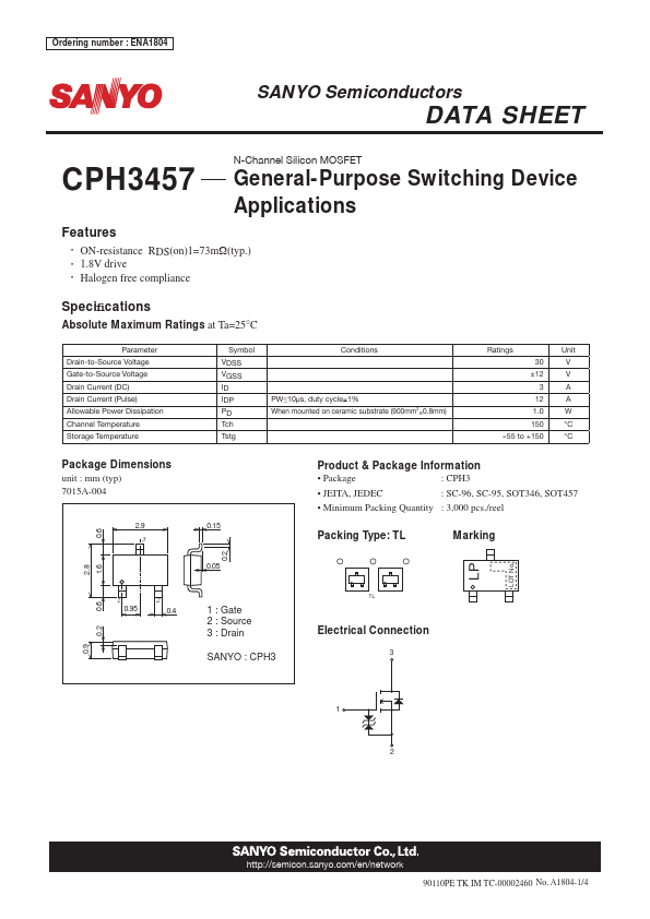 CPH3457 Sanyo Semicon Device