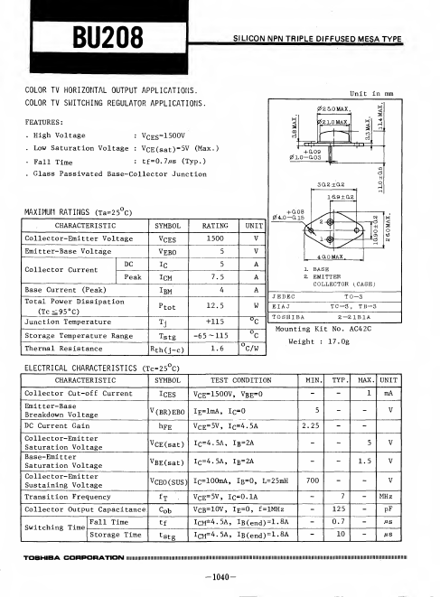 BU208 Transistor Datasheet pdf - NPN Transistor. Equivalent, Catalog