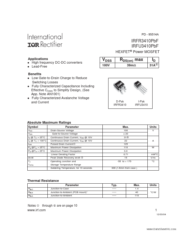 <?=IRFU3410PBF?> डेटा पत्रक पीडीएफ