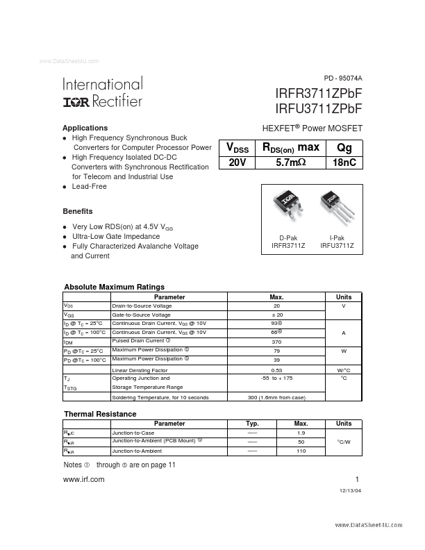 IRFU3711ZPBF International Rectifier