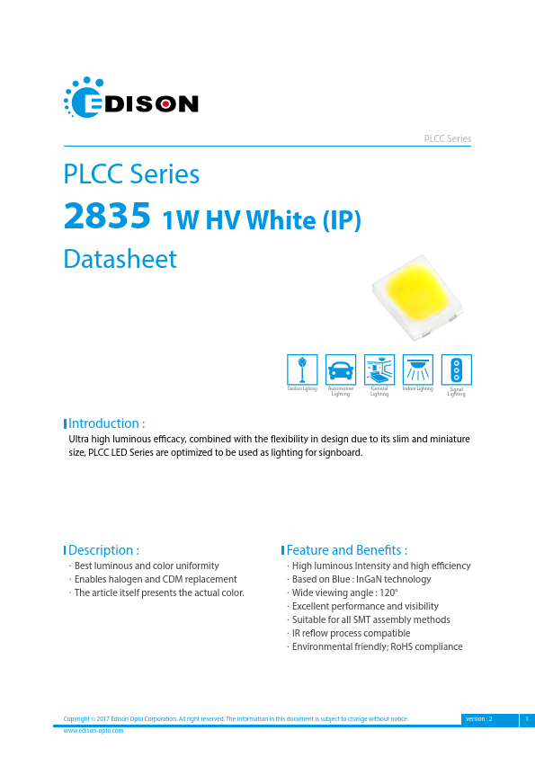 <?=PLCC2835-1W-HV?> डेटा पत्रक पीडीएफ