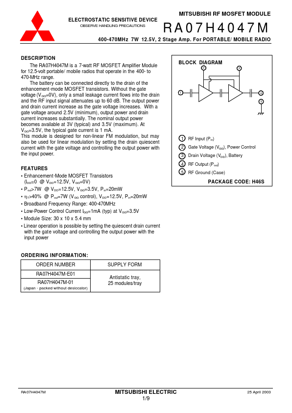 RA07H4047M-E01 Mitsubishi Electric Semiconductor