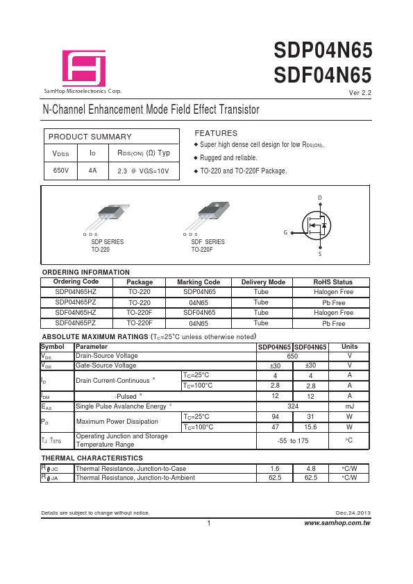 SDF04N65 SamHop Microelectronics