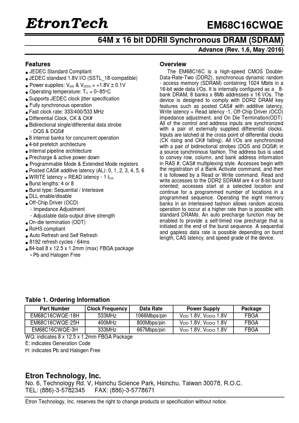 EM68C16CWQE Etron Technology