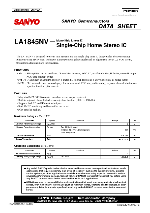 LA1845NV Sanyo Semicon Device