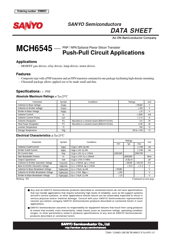 MCH6545 Sanyo Semicon Device