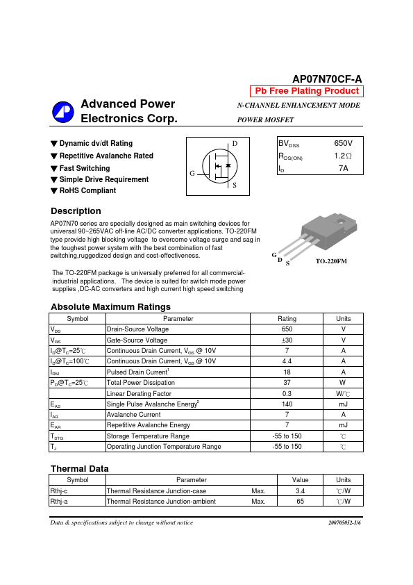 AP07N70CF-A Advanced Power Electronics