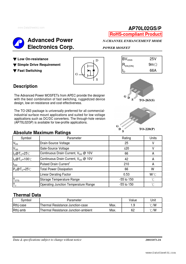 AP70L02GS Advanced Power Electronics
