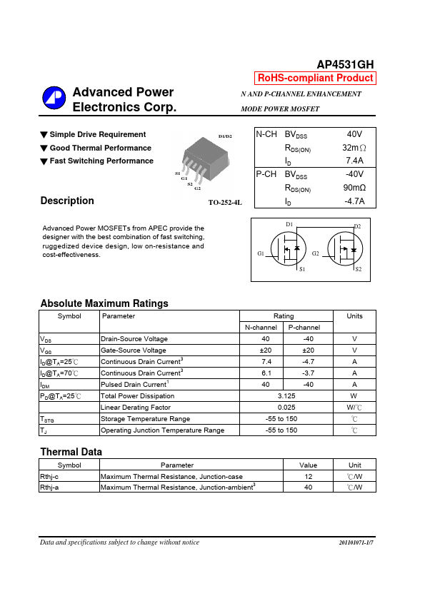 AP4531GH Advanced Power Electronics