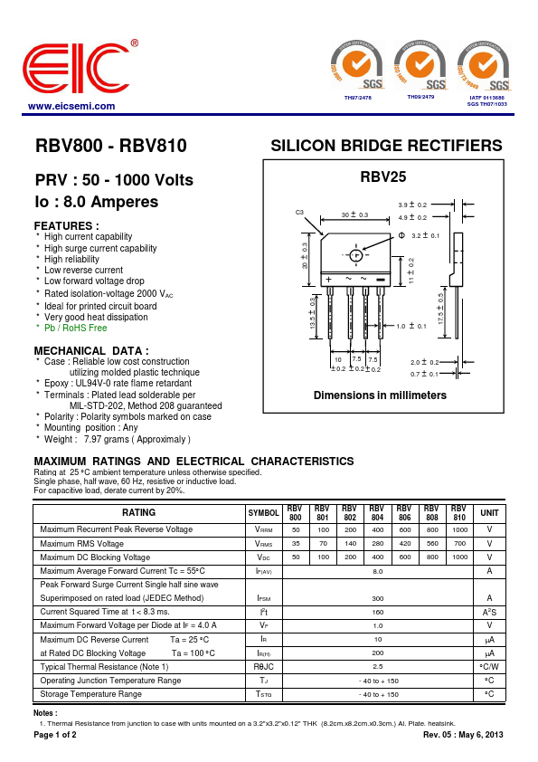 RBV808 EIC discrete Semiconductors